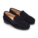 Suede leather Classic Moccasins for toddler boys with thick outsole and detail mask.