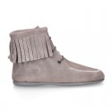 MOHICAN style Medium height ankle boots with fringed design in METAL suede leather.
