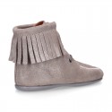 MOHICAN style Medium height ankle boots with fringed design in METAL suede leather.