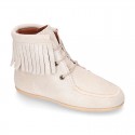 MOHICAN style Medium height ankle boots with fringed design in METAL suede leather.