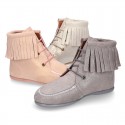MOHICAN style Medium height ankle boots with fringed design in METAL suede leather.