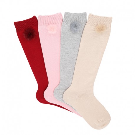 CHILDREN´S CLASSIC KNEE-HIGH SOCKS WITH FAUX FUR POMPIM BY CONDOR.