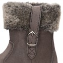 Suede leather boot shoes with side buckle and fake hair neck design for girls.