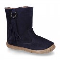 Suede leather boot shoes with side buckle with fringed design for girls.