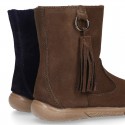 Suede leather boot shoes with side buckle with fringed design for girls.