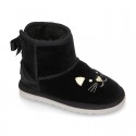 Black velvet Boot shoes Australian style with CAT design and fake hair lining.