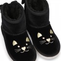 Black velvet Boot shoes Australian style with CAT design and fake hair lining.