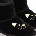 Black velvet Boot shoes Australian style with CAT design and fake hair lining.