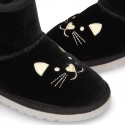 Black velvet Boot shoes Australian style with CAT design and fake hair lining.