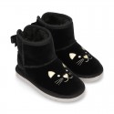 Black velvet Boot shoes Australian style with CAT design and fake hair lining.