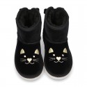 Black velvet Boot shoes Australian style with CAT design and fake hair lining.