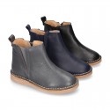 Casual SOFT NAPPA leather kids ankle boot shoes with elastic band and zipper closure.