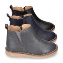 Casual SOFT NAPPA leather kids ankle boot shoes with elastic band and zipper closure.