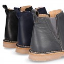 Casual SOFT NAPPA leather kids ankle boot shoes with elastic band and zipper closure.