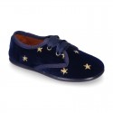 Velvet canvas Little laces up shoes with embroidery STARS design.