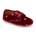 Velvet canvas Little laces up shoes with embroidery STARS design.