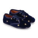 Velvet canvas Little laces up shoes with embroidery STARS design.