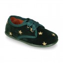 Velvet canvas Little laces up shoes with embroidery STARS design.