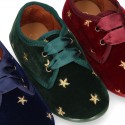 Velvet canvas Little laces up shoes with embroidery STARS design.