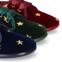 Velvet canvas Little laces up shoes with embroidery STARS design.