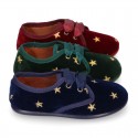 Velvet canvas Little laces up shoes with embroidery STARS design.