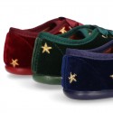 Velvet canvas Little laces up shoes with embroidery STARS design.