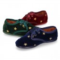 Velvet canvas Little laces up shoes with embroidery STARS design.