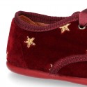 Velvet canvas Little laces up shoes with embroidery STARS design.