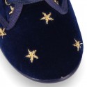 Velvet canvas Little laces up shoes with embroidery STARS design.