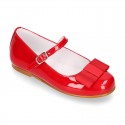 New little OKAA Mary Jane shoes with shoemaker ribbon in RED patent leather.