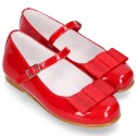 New little OKAA Mary Jane shoes with shoemaker ribbon in RED patent leather.