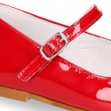 New little OKAA Mary Jane shoes with shoemaker ribbon in RED patent leather.