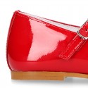 New little OKAA Mary Jane shoes with shoemaker ribbon in RED patent leather.