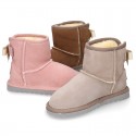 Suede leather Australian style Boot shoes with RIBBON design and fake hair lining.