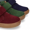 Suede leather kids Ankle boot shoes tennis style with velcro strap and NAPPA leather neck design.