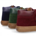 Suede leather kids Ankle boot shoes tennis style with velcro strap and NAPPA leather neck design.