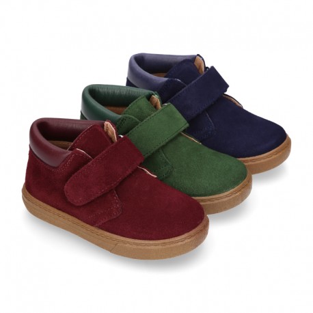 Suede leather kids Ankle boot shoes tennis style with velcro strap and NAPPA leather neck design.