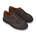 New Suede leather Oxford shoes with shoelaces closure and perforated design for kids.