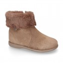 Suede leather little ankle boots with fake hair neck design.