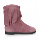 Suede leather little ankle boots with FRINGED design for kids.