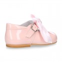 Classic sweet patent leather little Mary Janes with scallop and buckle with BOW design.