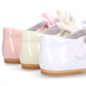 Classic sweet patent leather little Mary Janes with scallop and buckle with BOW design.