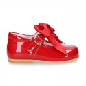 Classic RED patent leather little Mary Janes with scallop and buckle with BOW design.