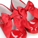 Classic RED patent leather little Mary Janes with scallop and buckle with BOW design.