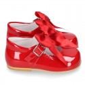 Classic RED patent leather little Mary Janes with scallop and buckle with BOW design.