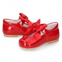 Classic RED patent leather little Mary Janes with scallop and buckle with BOW design.