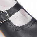 Classic sweet NAPPA leather little Mary Janes with scallop and buckle fastening.