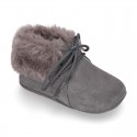 Classic suede leather baby little bootie with FAKE HAIR neck design.