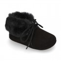 Classic suede leather baby little bootie with FAKE HAIR neck design.