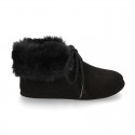 Classic suede leather baby little bootie with FAKE HAIR neck design.